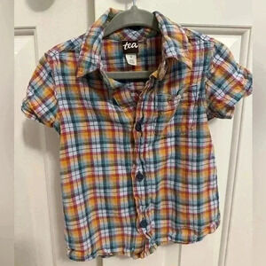Tea Collection multi color plaid button down shirt size 2